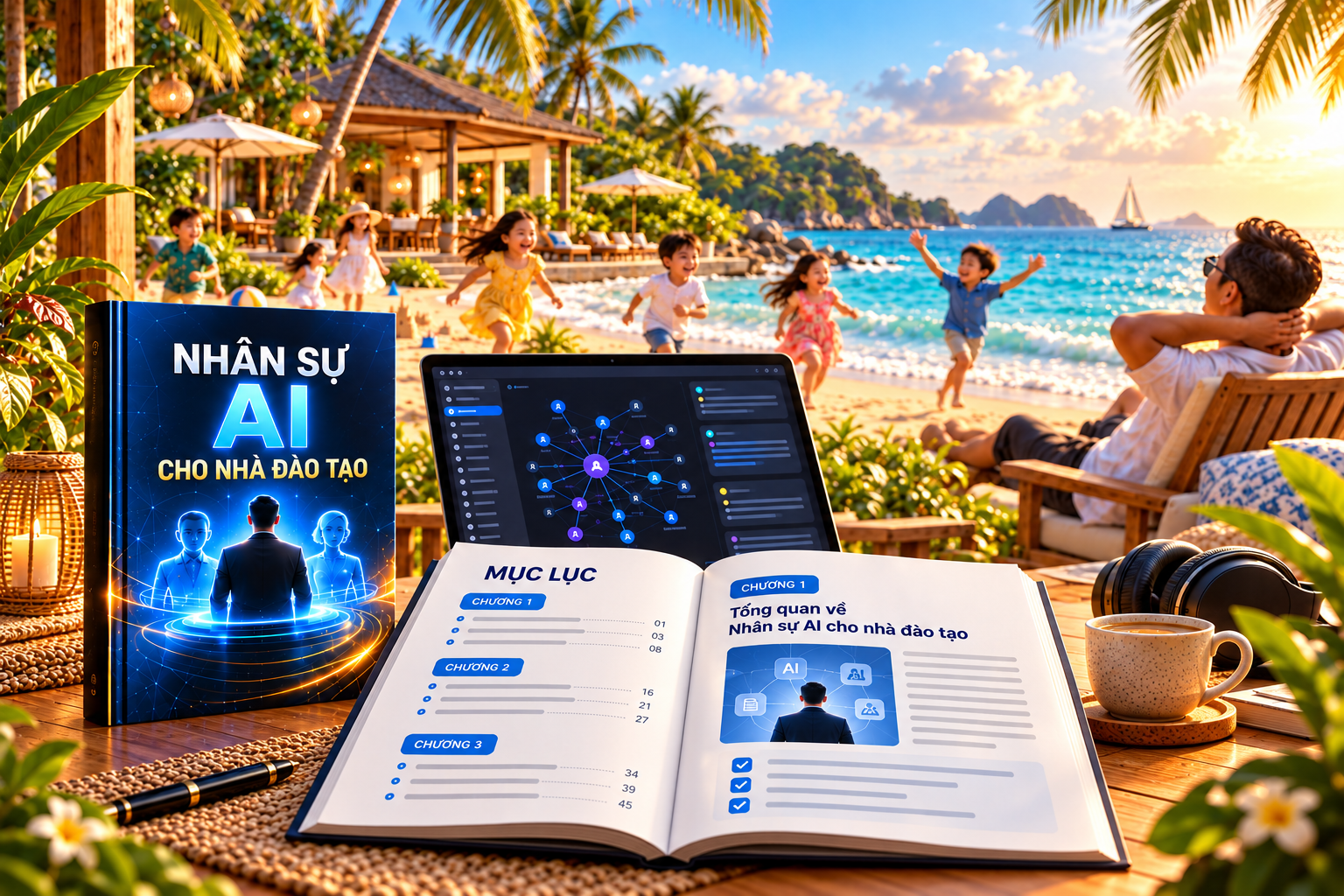 Ebook Nhân sự AI cho nhà đào tạo bên biển, laptop hiển thị mạng tri thức AI